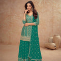 Graceful Teal Green Embroidered Chinon Party Wear Palazzo Suit with Dupatta