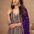 Royal Purple Embroidered Chinon Party Wear Palazzo Suit with Dupatta