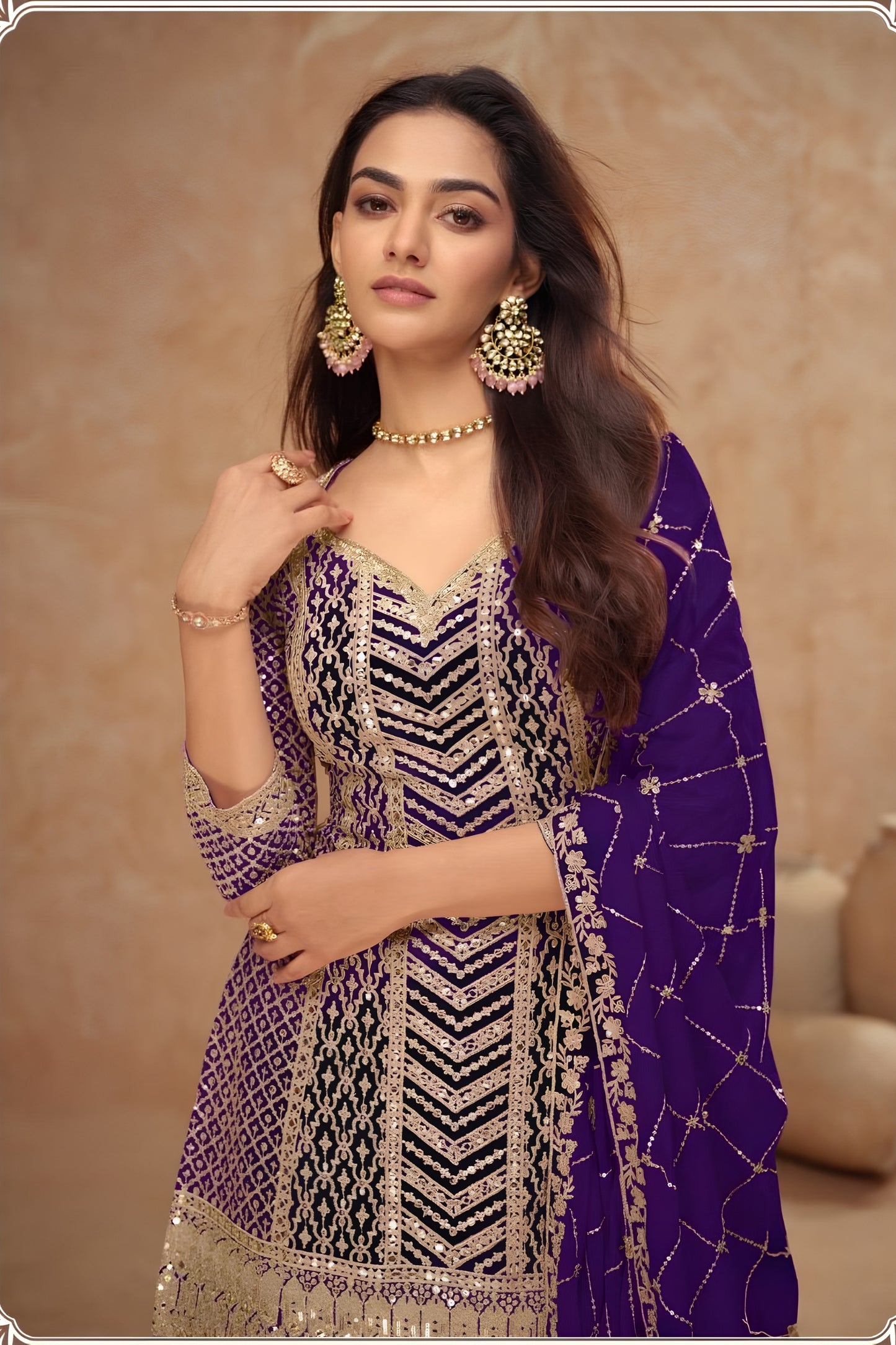 Royal Purple Embroidered Chinon Party Wear Palazzo Suit with Dupatta