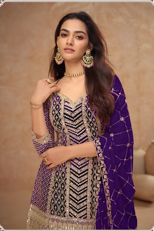 Royal Purple Embroidered Chinon Party Wear Palazzo Suit with Dupatta