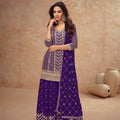Royal Purple Embroidered Chinon Party Wear Palazzo Suit with Dupatta
