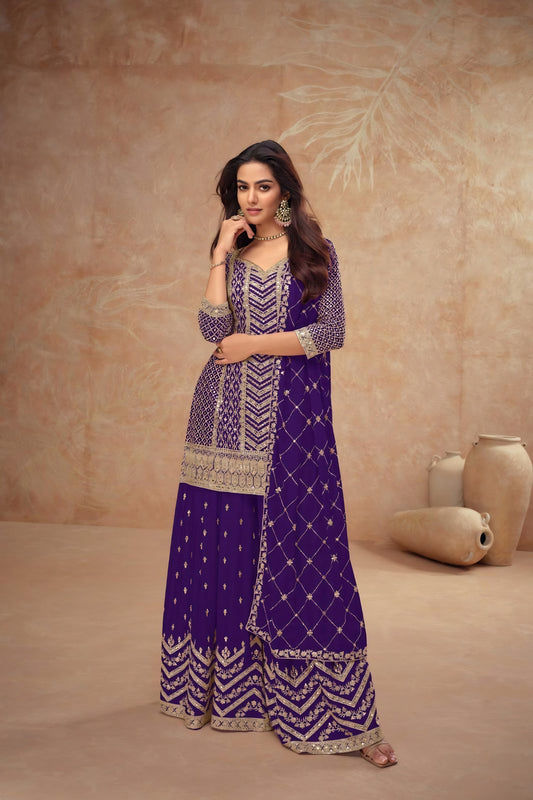 Royal Purple Embroidered Chinon Party Wear Palazzo Suit with Dupatta