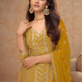 Beautiful Mustard Yellow Embroidered Chinon Party Wear Palazzo Suit with Dupatta