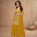 Beautiful Mustard Yellow Embroidered Chinon Party Wear Palazzo Suit with Dupatta
