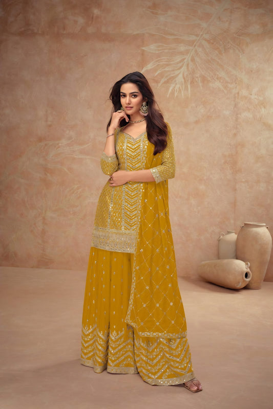 Beautiful Mustard Yellow Embroidered Chinon Party Wear Palazzo Suit with Dupatta