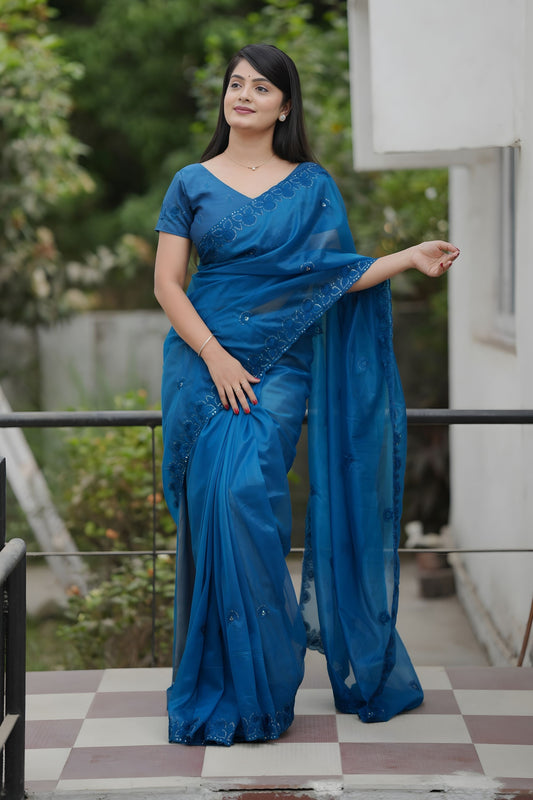 Royal Blue Organza Saree Embroidered Border Designer Blouse