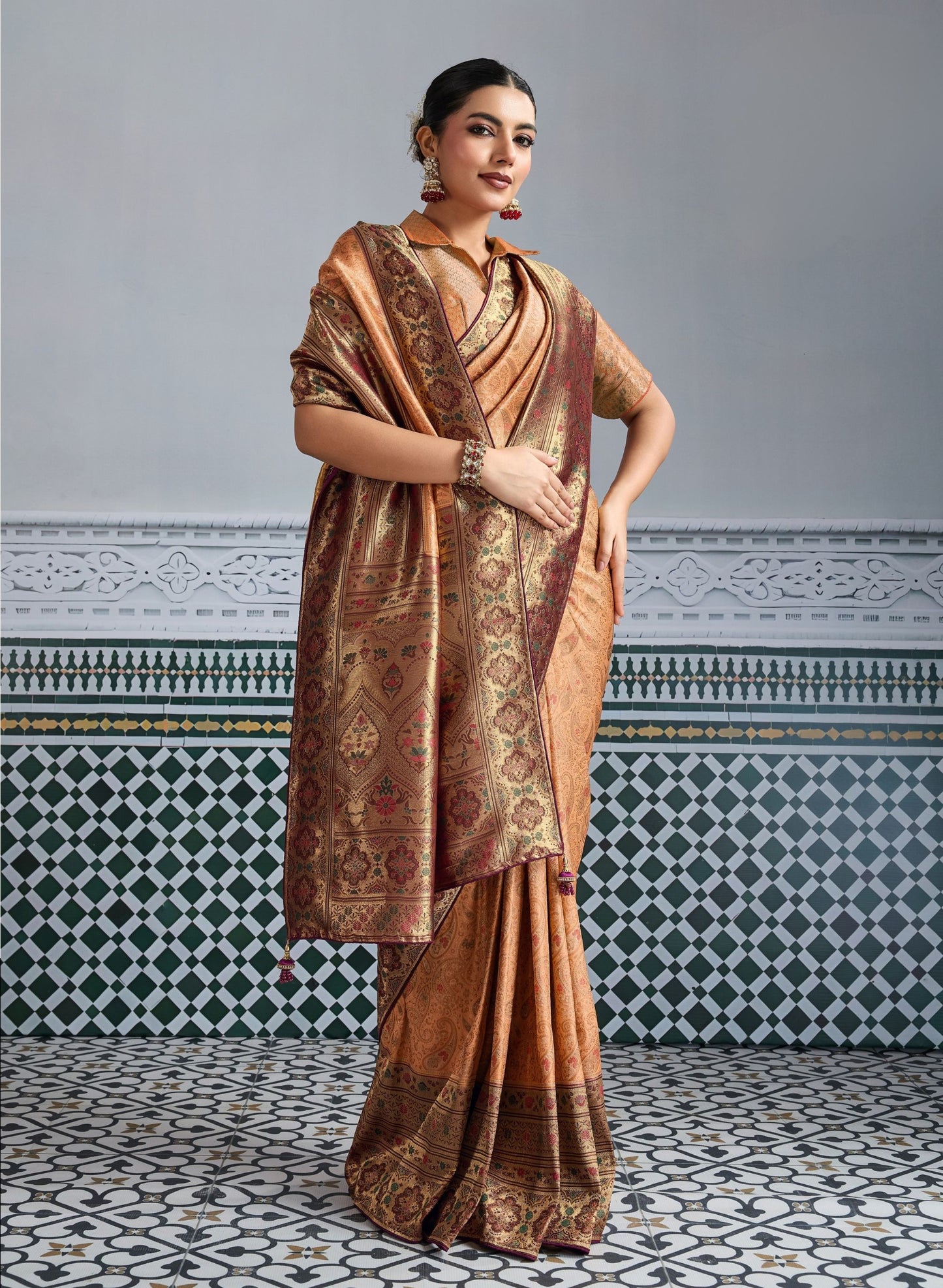 Designer Banarasi Silk Saree in Copper Orange Matching Blouse