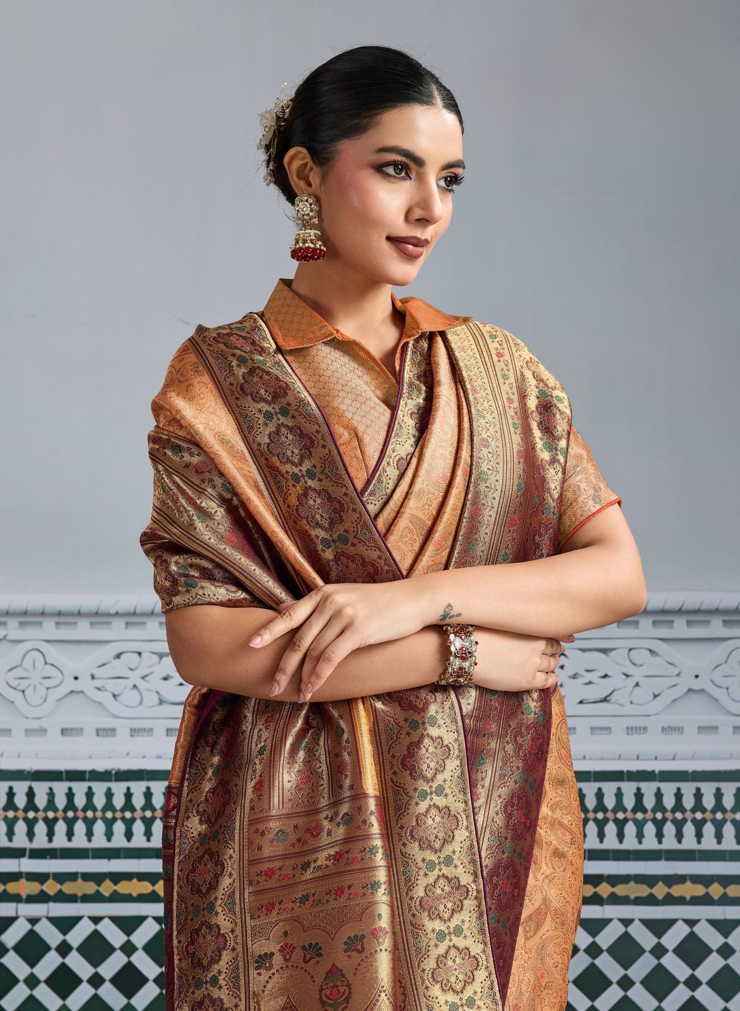 Designer Banarasi Silk Saree in Copper Orange Matching Blouse