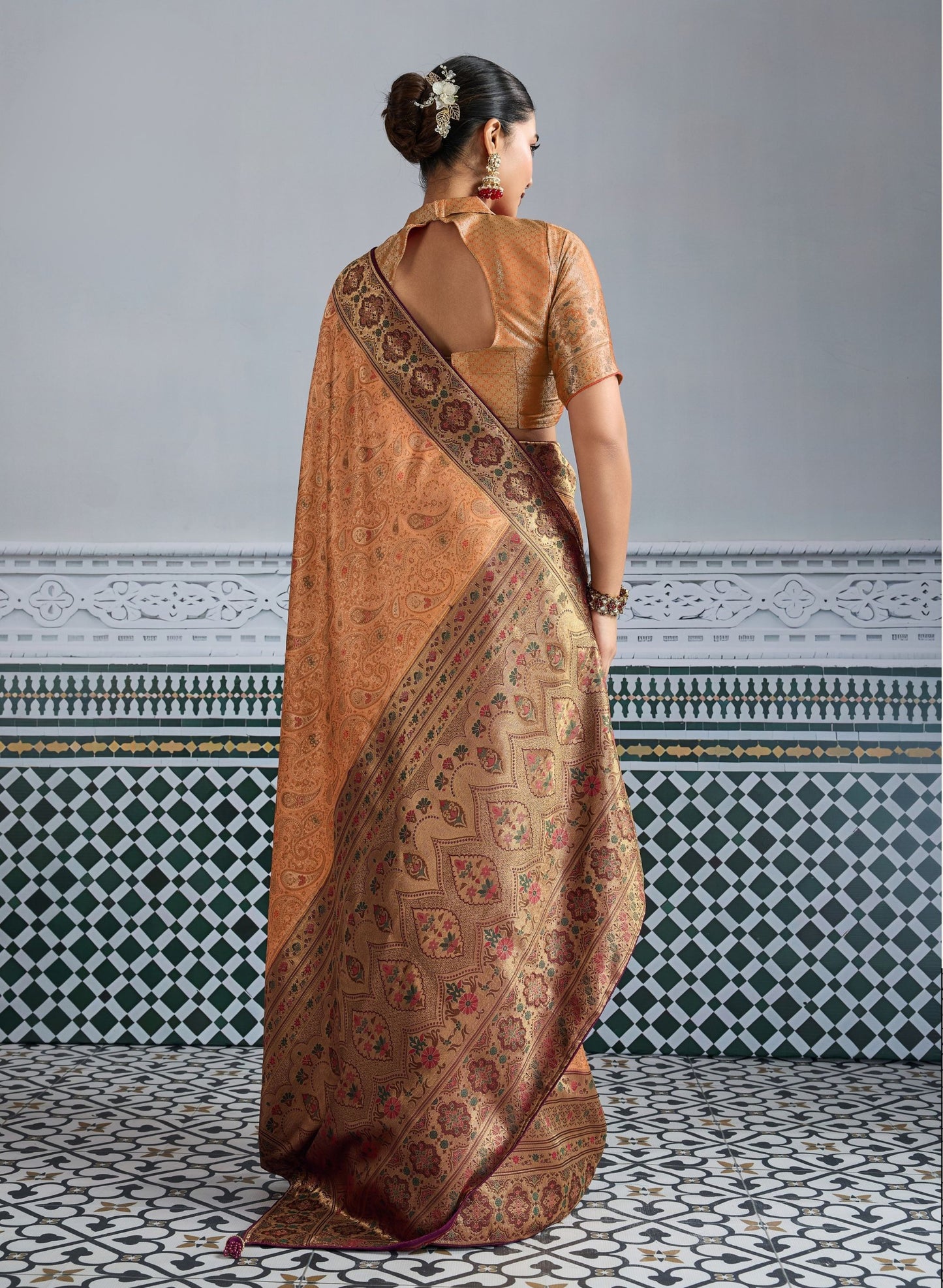 Designer Banarasi Silk Saree in Copper Orange Matching Blouse