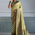 Banarasi Silk Saree in Olive Green with Golden Zari Weaving and Designer Blouse