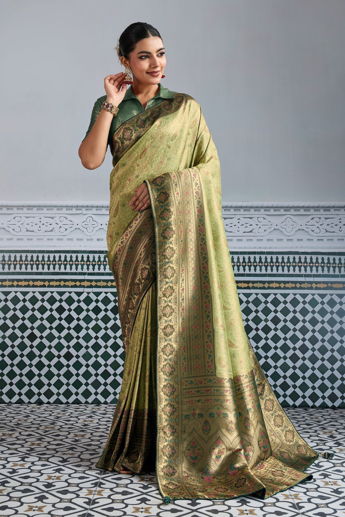 Banarasi Silk Saree in Olive Green with Golden Zari Weaving and Designer Blouse