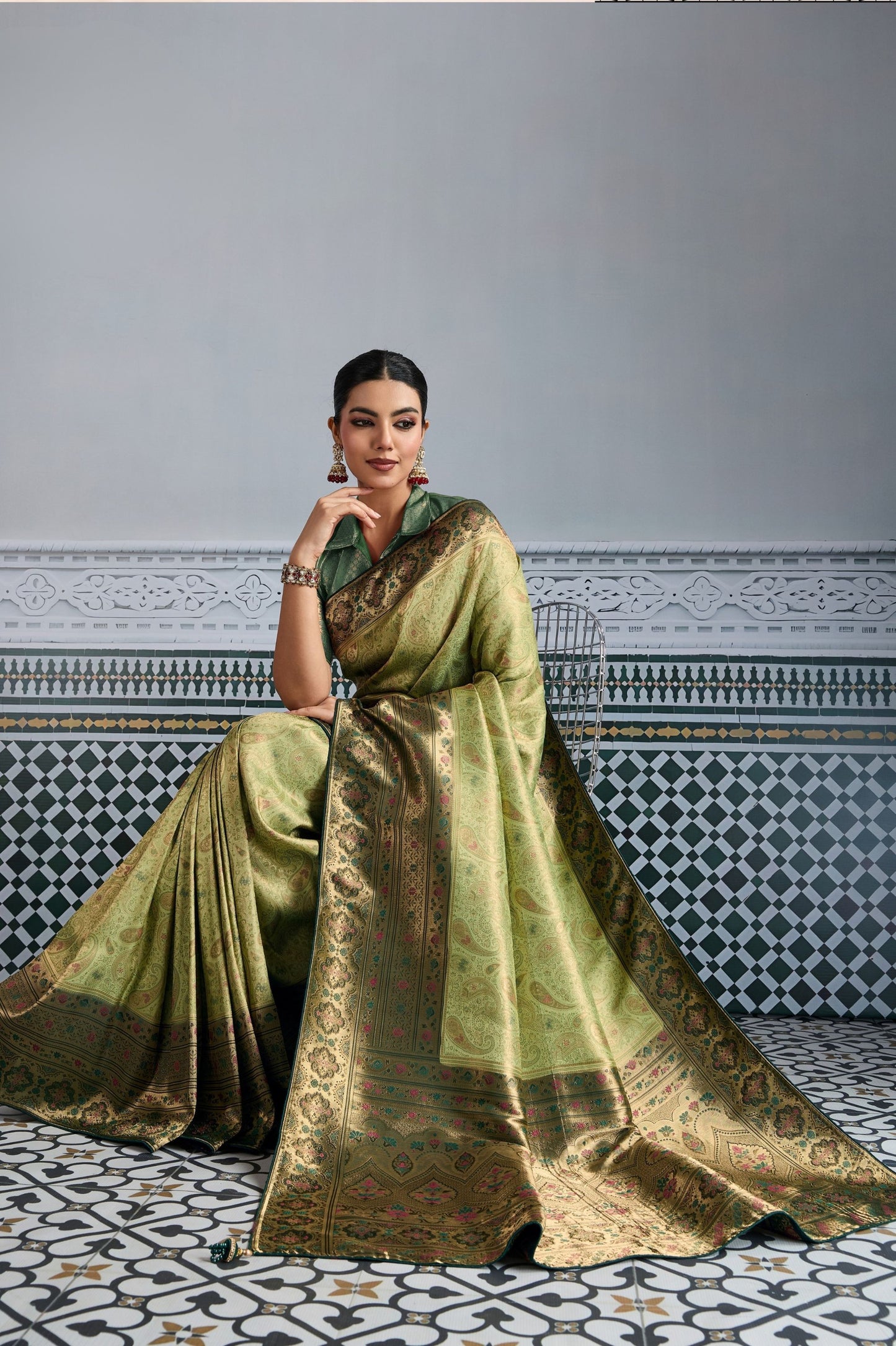 Banarasi Silk Saree in Olive Green with Golden Zari Weaving and Designer Blouse