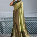 Elegant Banarasi Silk Saree in Olive Green with Golden Zari Weaving and Designer Blouse