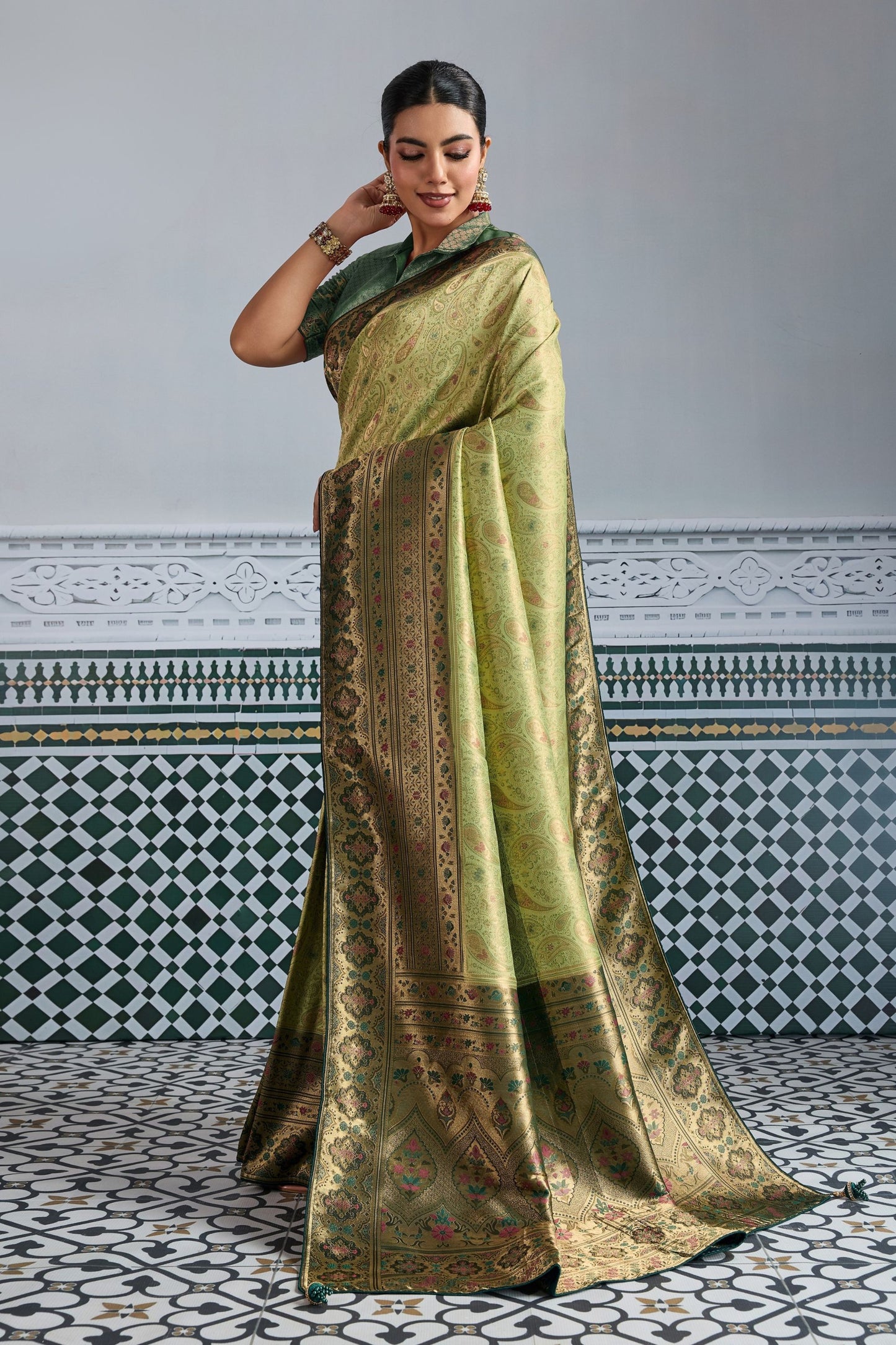 Elegant Banarasi Silk Saree in Olive Green with Golden Zari Weaving and Designer Blouse