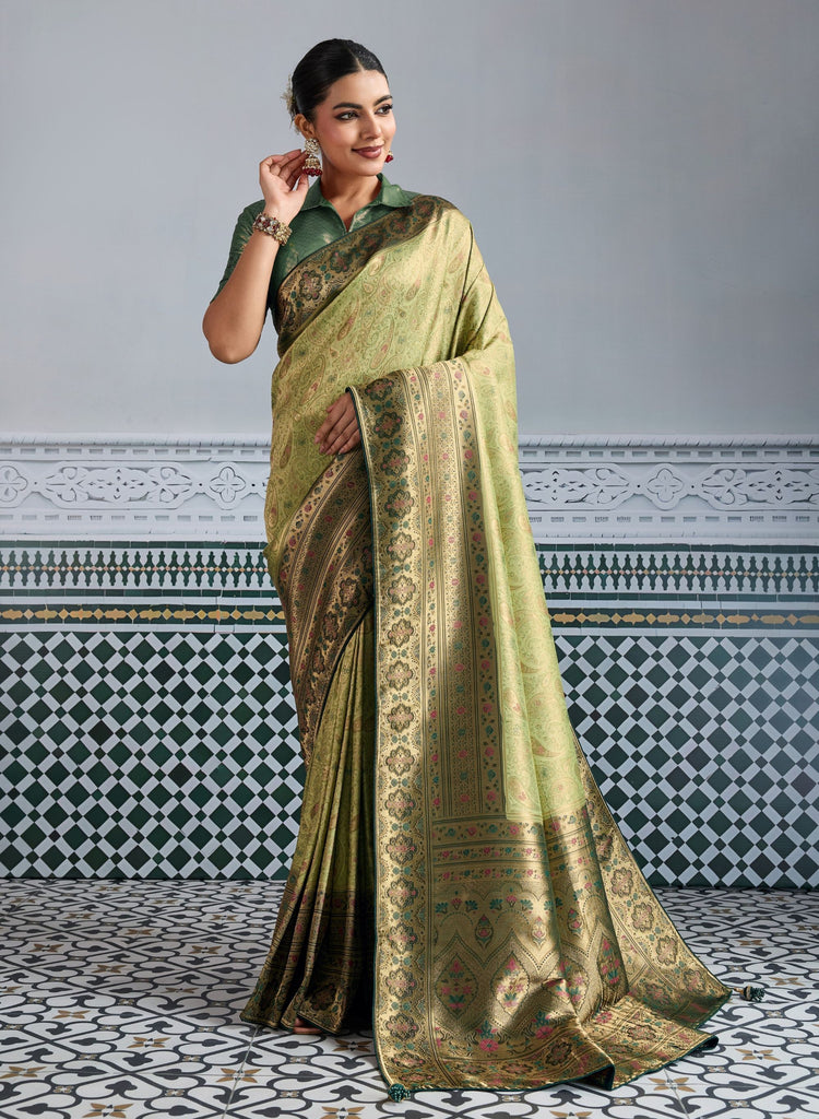 Elegant Banarasi Silk Saree in Olive Green with Golden Zari Weaving and Designer Blouse