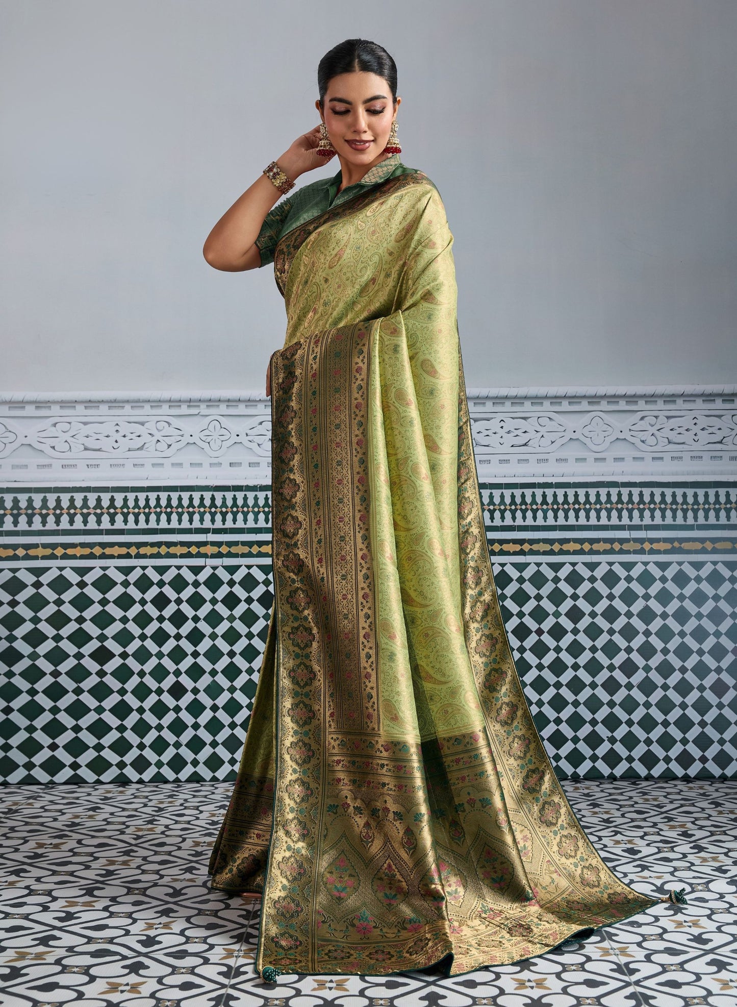 Elegant Banarasi Silk Saree in Olive Green with Golden Zari Weaving and Designer Blouse