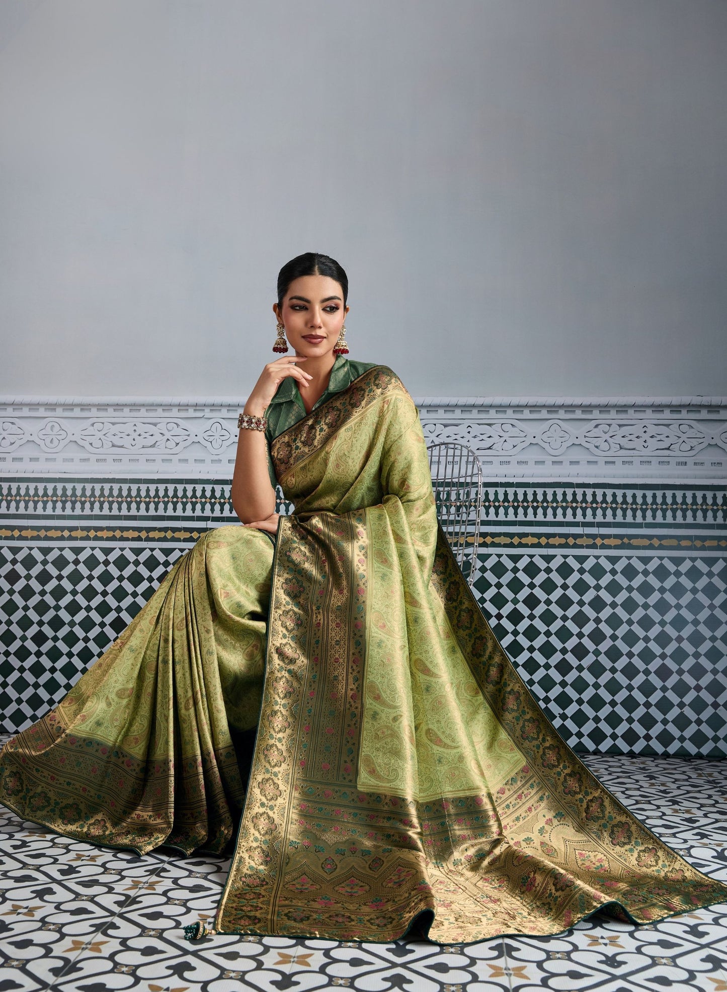 Elegant Banarasi Silk Saree in Olive Green with Golden Zari Weaving and Designer Blouse