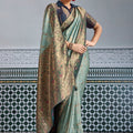 Elegant Banarasi Silk Saree in Sea Green with  Contrasting Navy Blue Blouse