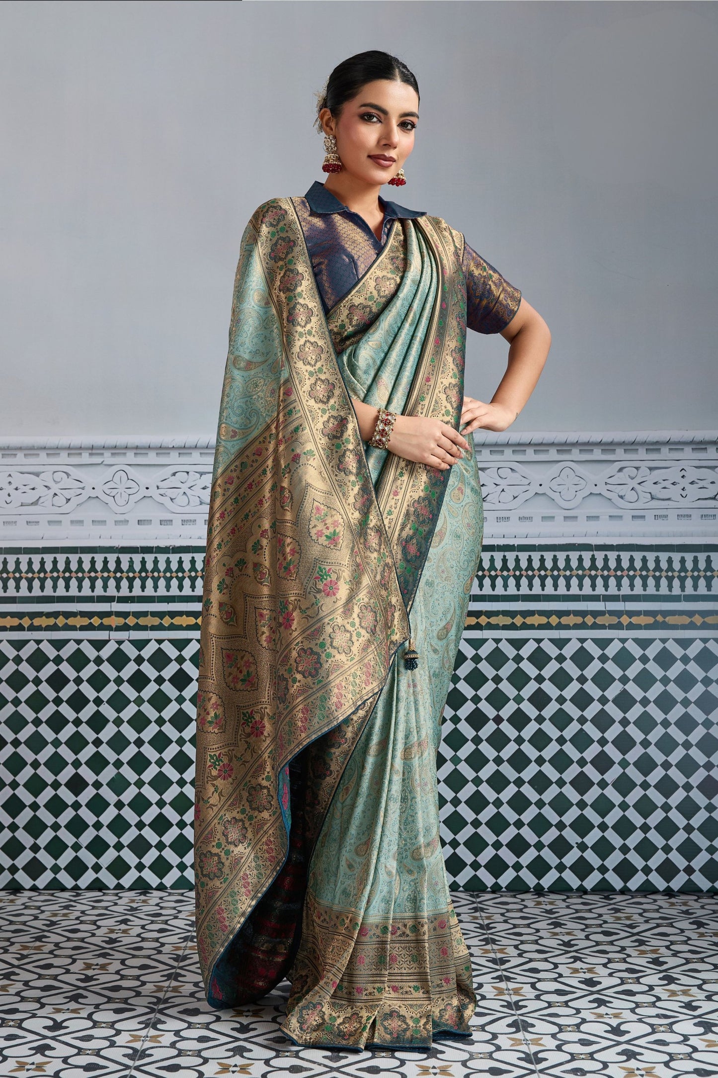 Elegant Banarasi Silk Saree in Sea Green with  Contrasting Navy Blue Blouse