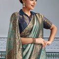 Elegant Banarasi Silk Saree in Sea Green with  Contrasting Navy Blue Blouse