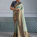 Elegant Banarasi Silk Saree in Sea Green with  Contrasting Navy Blue Blouse