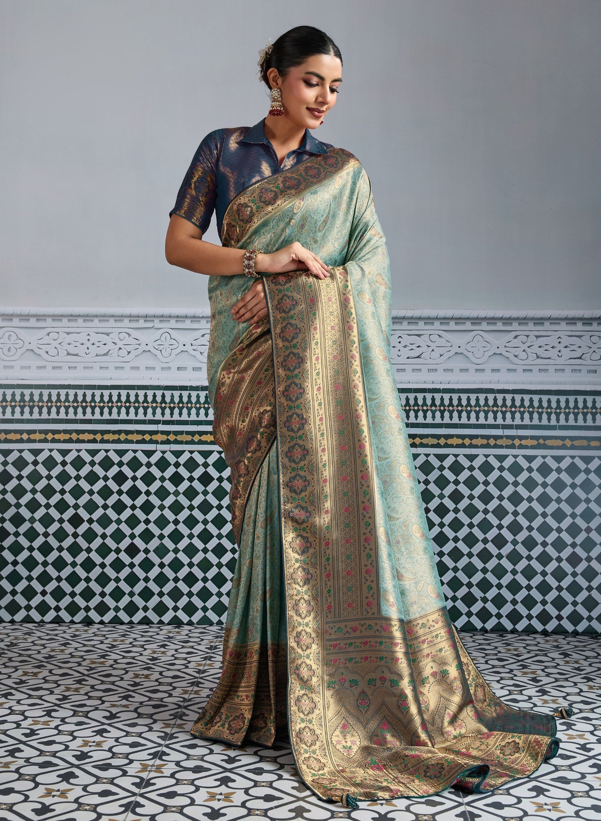 Elegant Banarasi Silk Saree in Sea Green with  Contrasting Navy Blue Blouse