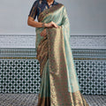 Elegant Banarasi Silk Saree in Sea Green with  Contrasting Navy Blue Blouse