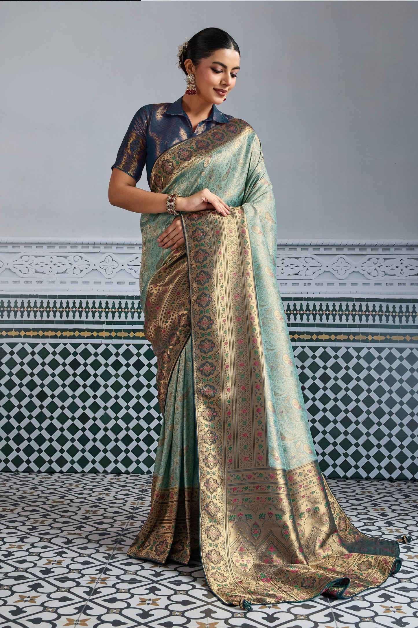 Elegant Banarasi Silk Saree in Sea Green with  Contrasting Navy Blue Blouse