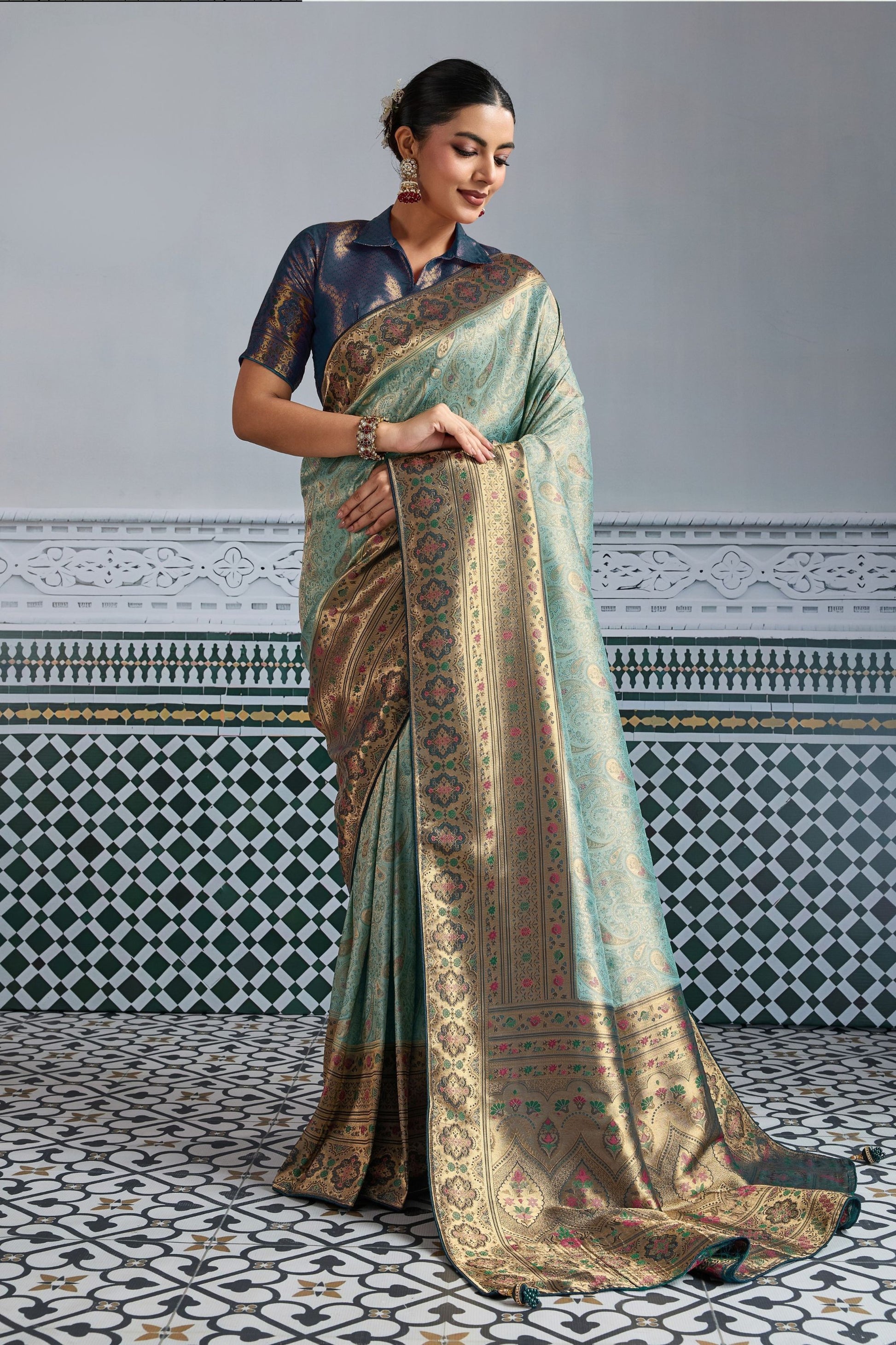 Elegant Banarasi Silk Saree in Sea Green with  Contrasting Navy Blue Blouse