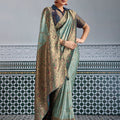 Elegant Banarasi Silk Saree in Sea Green with  Contrasting Navy Blue Blouse