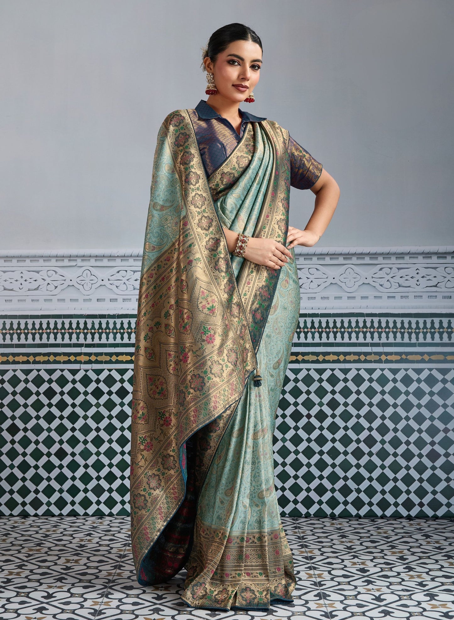 Elegant Banarasi Silk Saree in Sea Green with  Contrasting Navy Blue Blouse