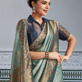 Elegant Banarasi Silk Saree in Sea Green with  Contrasting Navy Blue Blouse