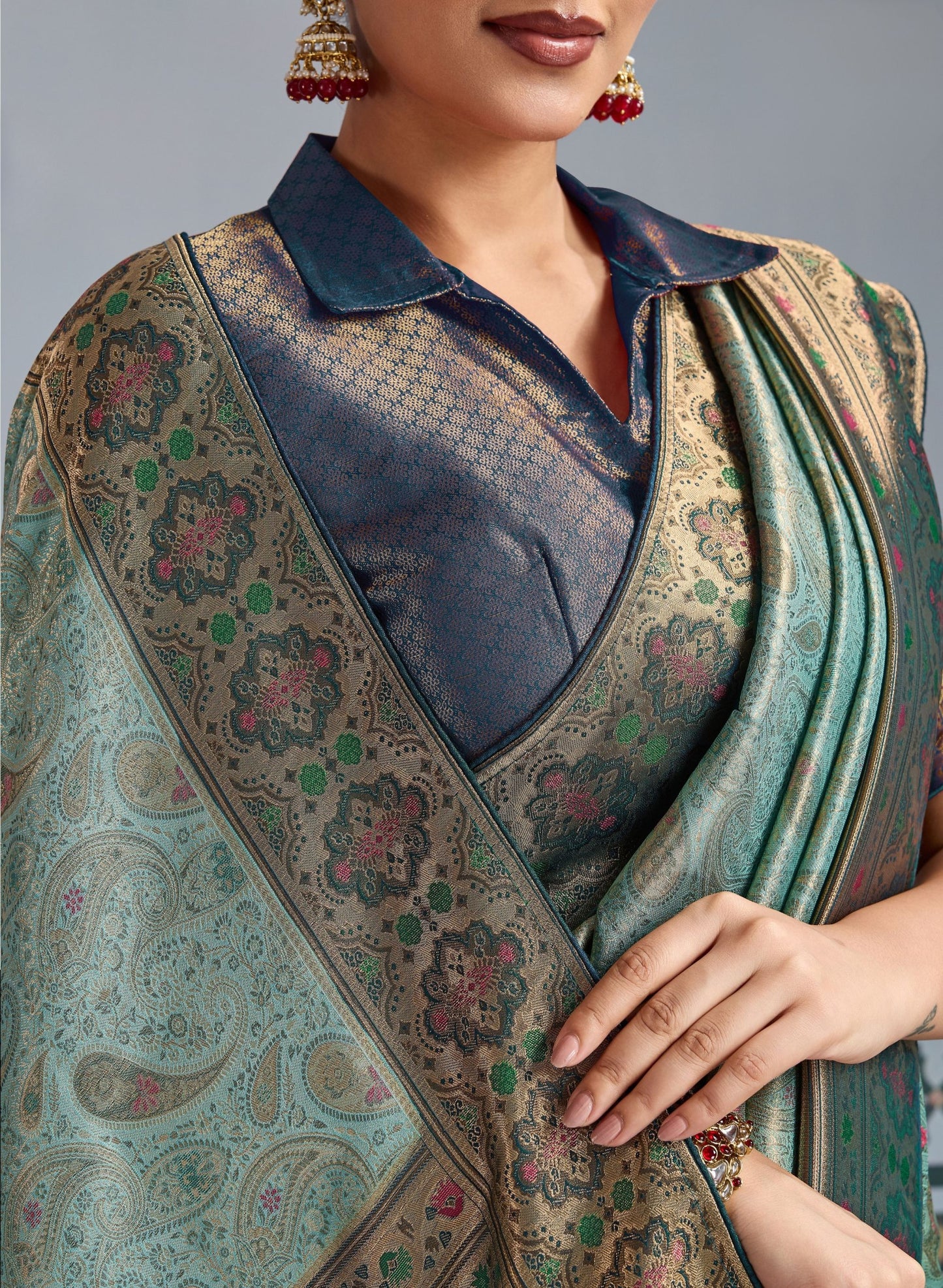 Elegant Banarasi Silk Saree in Sea Green with  Contrasting Navy Blue Blouse