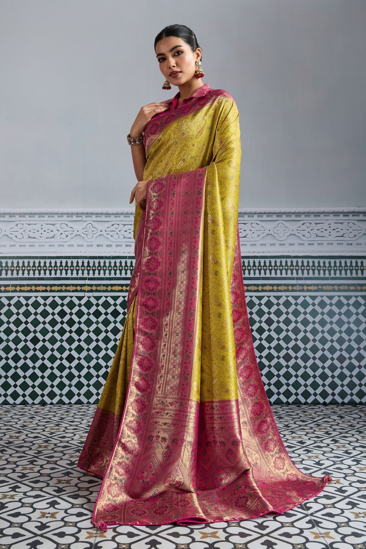 Traditional Banarasi Silk Saree in Mustard Yellow Border Designer Blouse