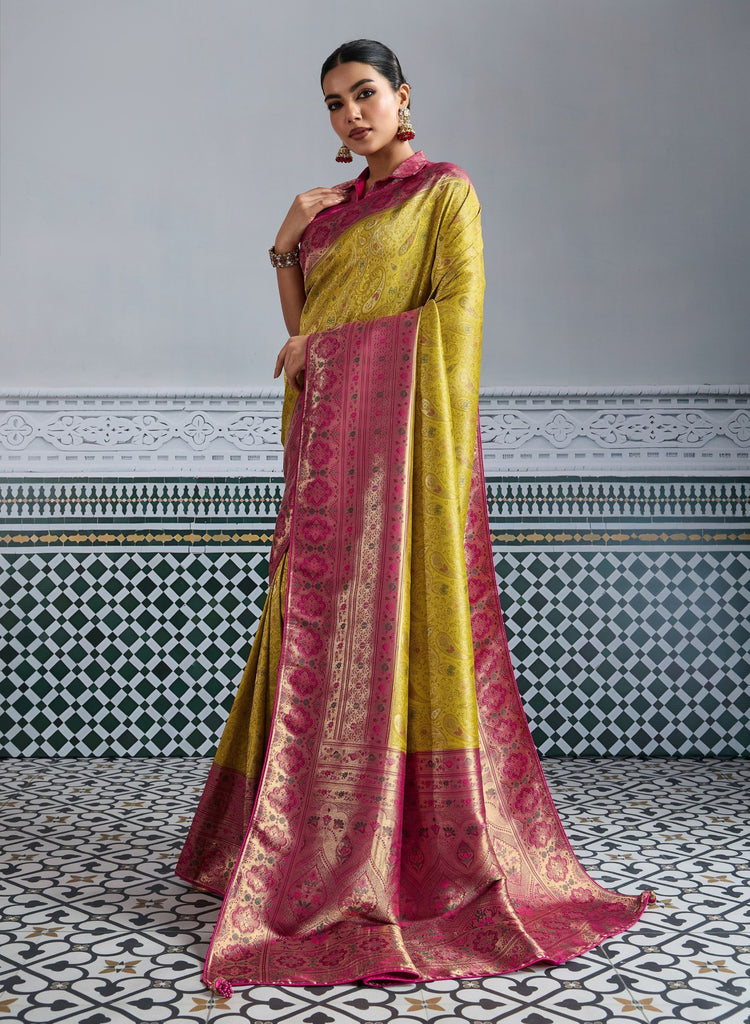 Traditional Banarasi Silk Saree in Mustard Yellow Border Designer Blouse