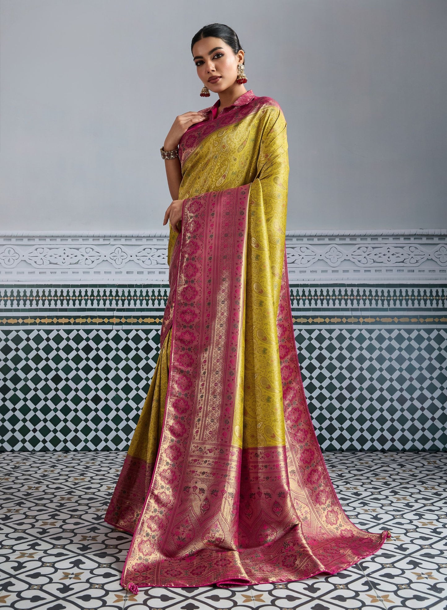 Traditional Banarasi Silk Saree in Mustard Yellow Border Designer Blouse