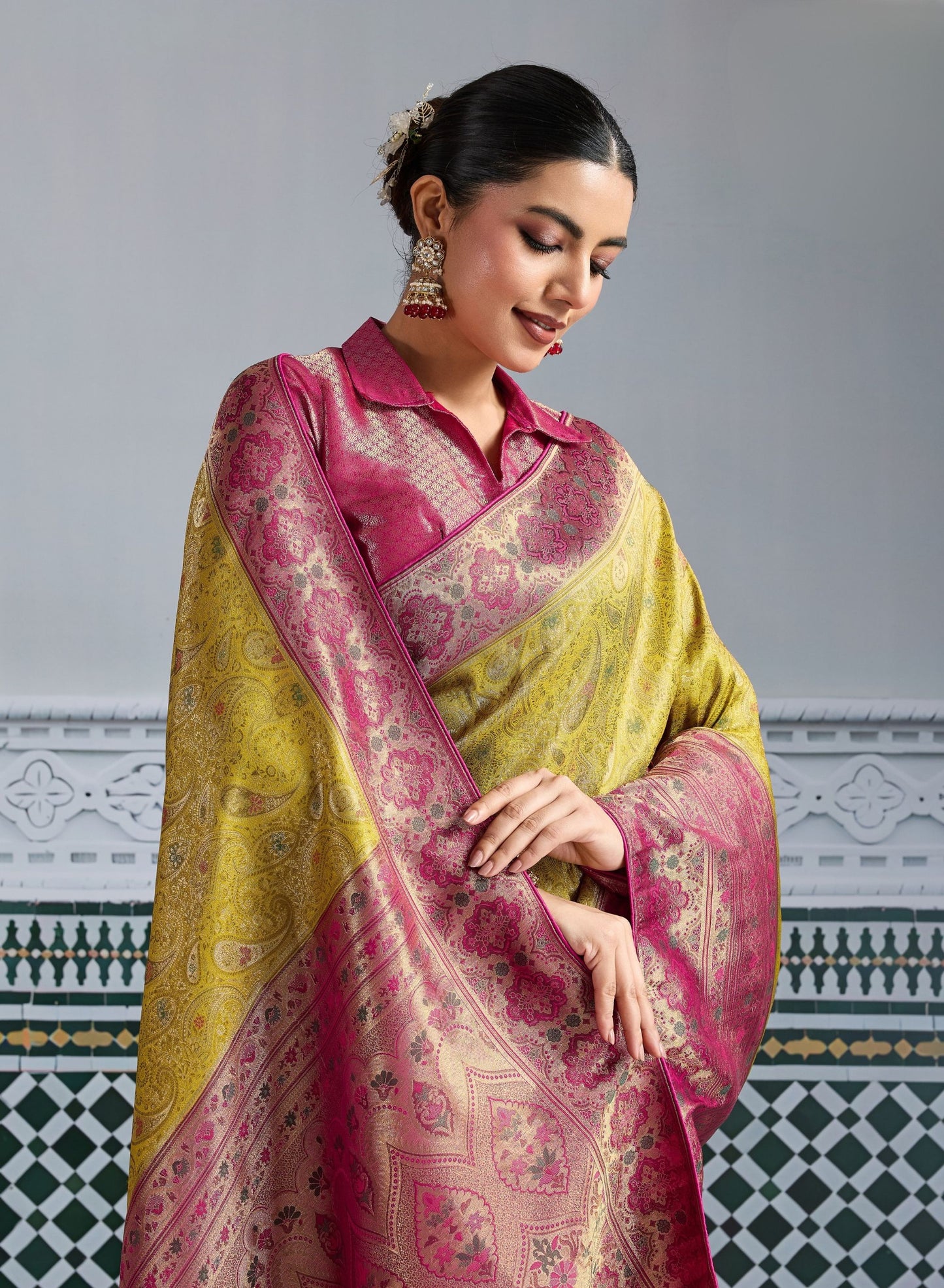 Traditional Banarasi Silk Saree in Mustard Yellow Border Designer Blouse