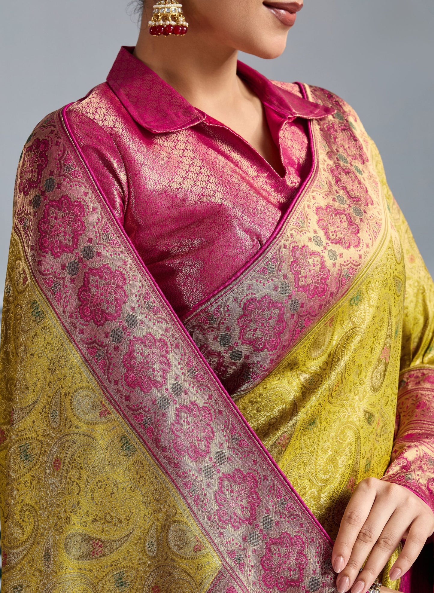 Traditional Banarasi Silk Saree in Mustard Yellow Border Designer Blouse