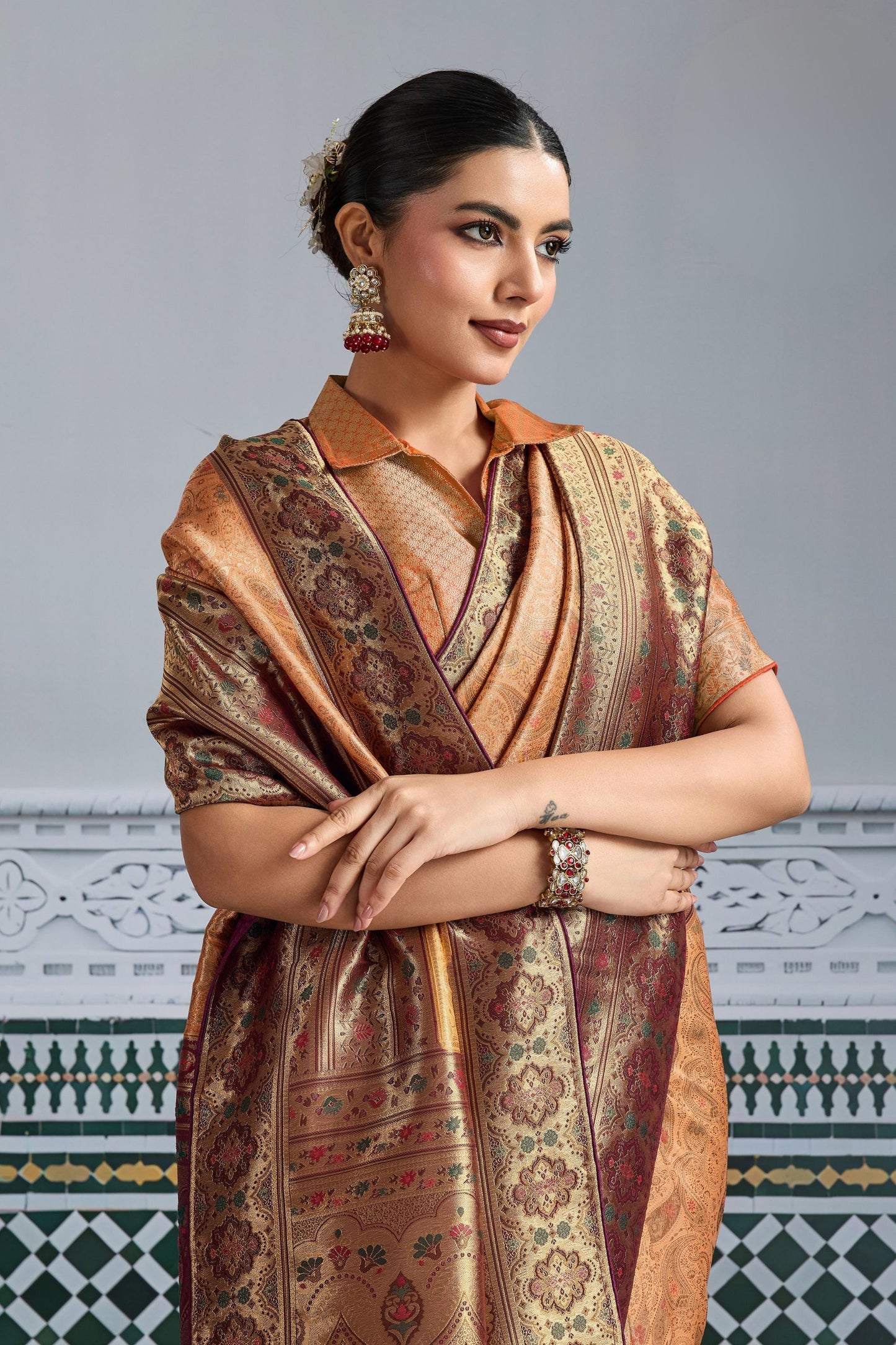 Designer Banarasi Silk Saree in Copper Orange Matching Blouse