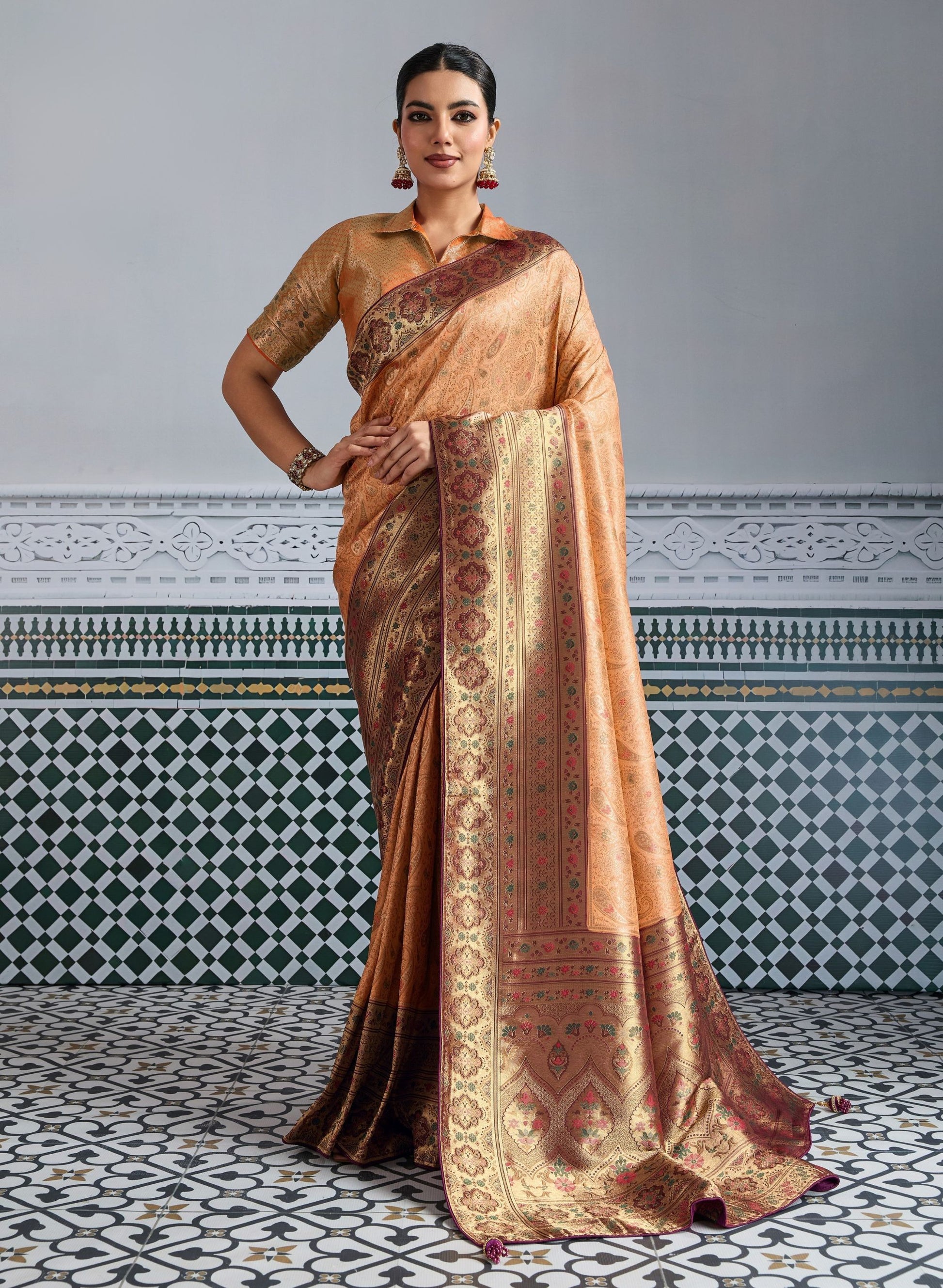 Designer Banarasi Silk Saree in Copper Orange Matching Blouse