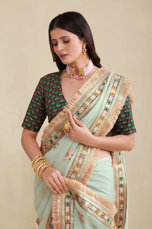 Elegant Mint Green Premium Georgette Saree Embroidery Border for Women