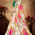 Stunning Green Embroidered Silk Blouse with White Floral Printed Organza Lehenga Choli