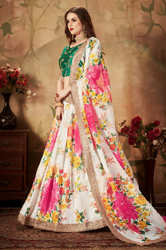 Stunning Green Embroidered Silk Blouse with White Floral Printed Organza Lehenga Choli