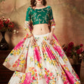 Stunning Green Embroidered Silk Blouse with White Floral Printed Organza Lehenga Choli
