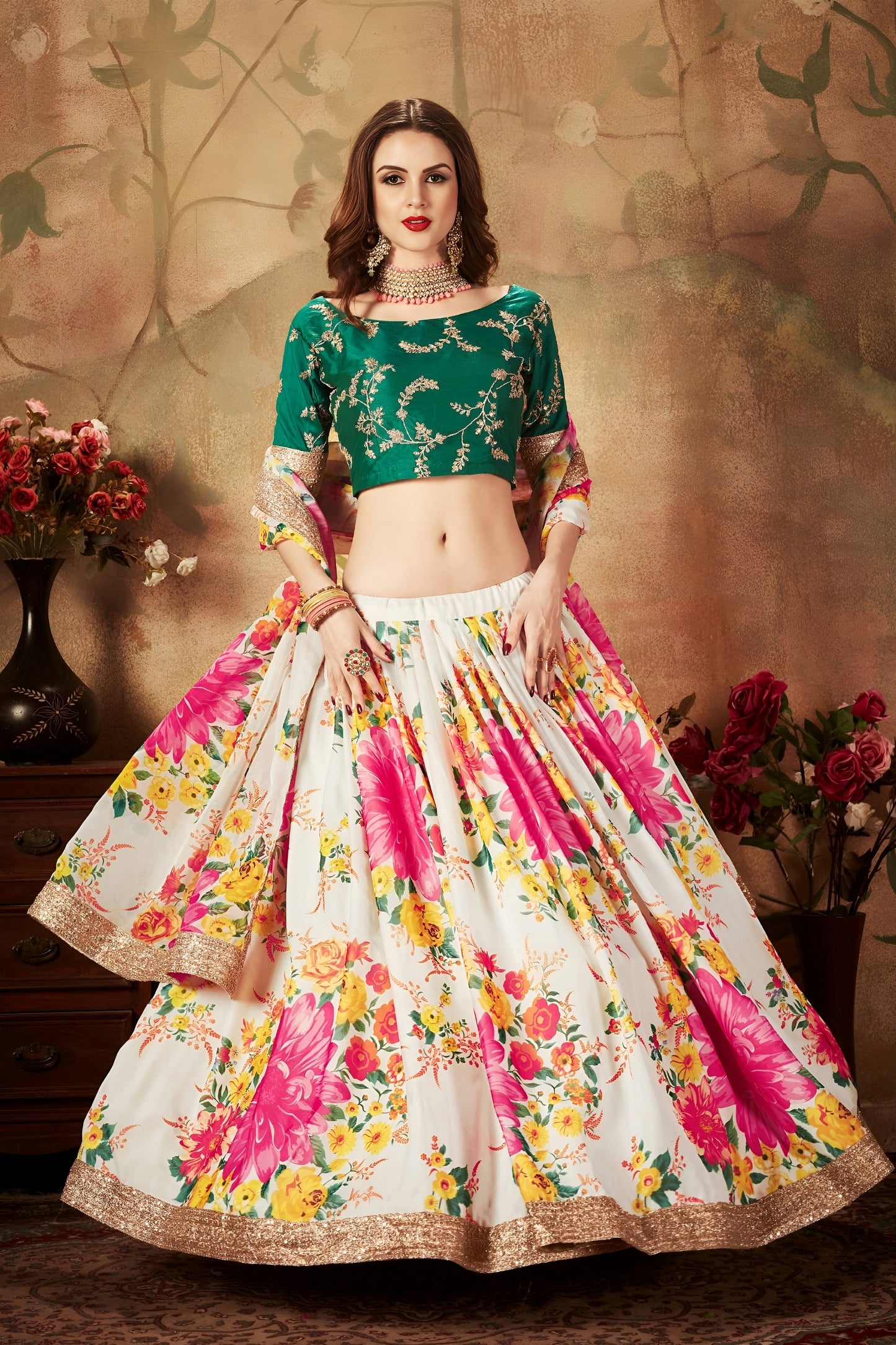 Stunning Green Embroidered Silk Blouse with White Floral Printed Organza Lehenga Choli