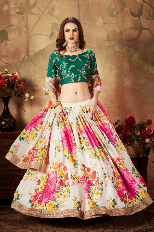 Stunning Green Embroidered Silk Blouse with White Floral Printed Organza Lehenga Choli