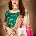 Stunning Green Embroidered Silk Blouse with White Floral Printed Organza Lehenga Choli