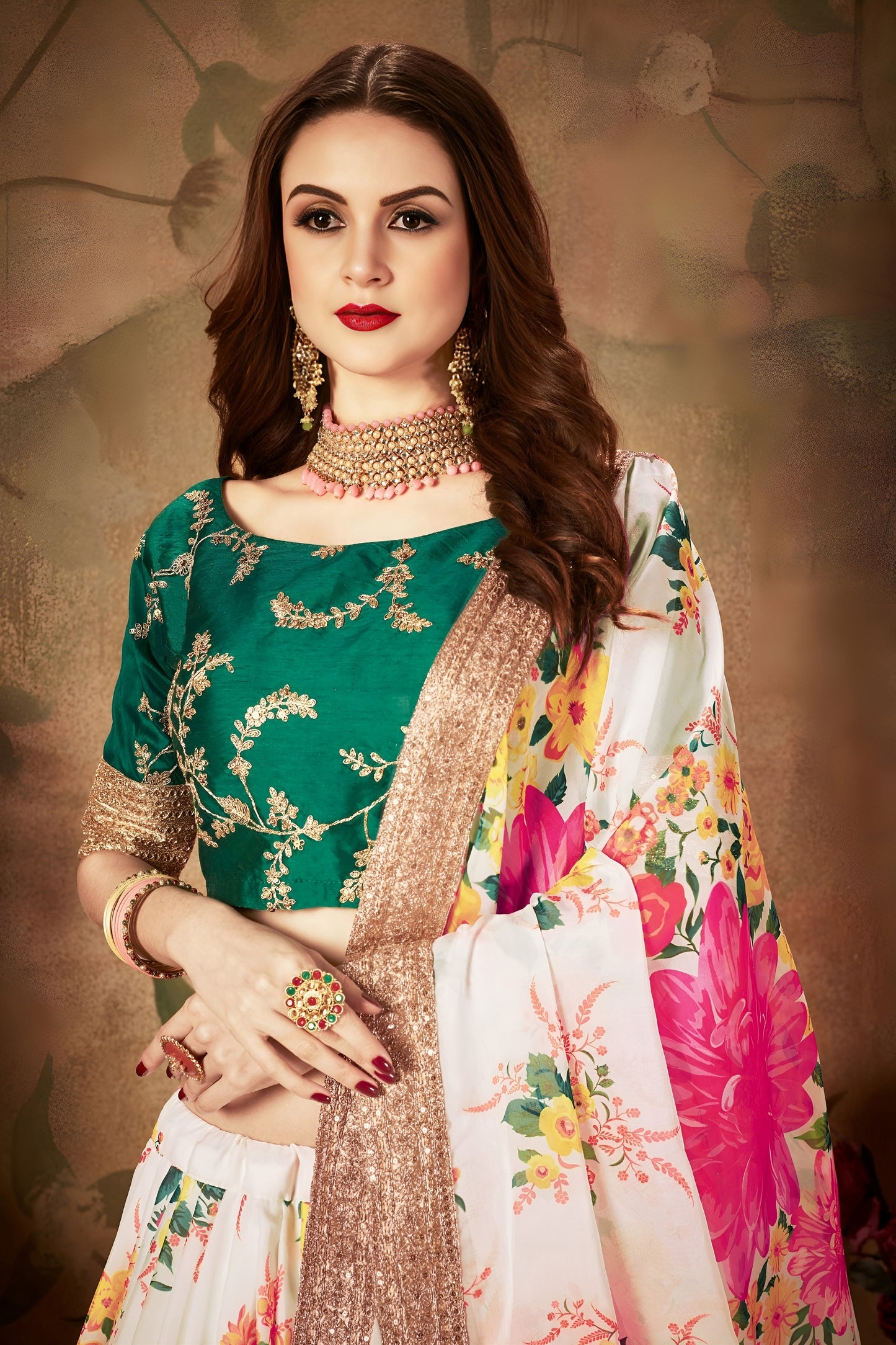 Stunning Green Embroidered Silk Blouse with White Floral Printed Organza Lehenga Choli