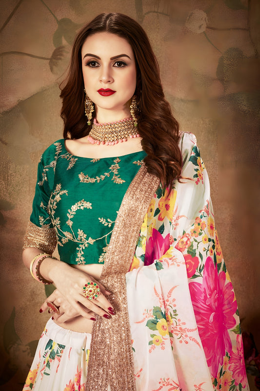 Stunning Green Embroidered Silk Blouse with White Floral Printed Organza Lehenga Choli