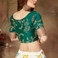 Stunning Green Embroidered Silk Blouse with White Floral Printed Organza Lehenga Choli